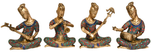 9" Handmade Brass Musician Ladies Statue Set