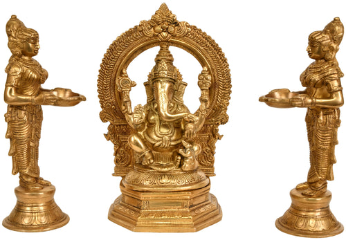 9" Lord Ganesha with Lamp Goddesses Brass Statue Set Handmade