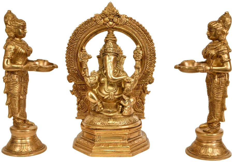 9" Lord Ganesha with Lamp Goddesses Brass Statue Set Handmade