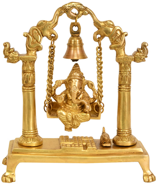 9" Lord Ganesha on Swing Brass Statue with Bell