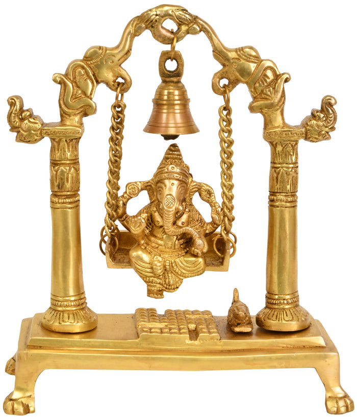 9" Lord Ganesha on Swing Brass Statue with Bell
