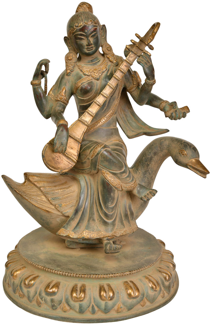 13" Goddess Saraswati Seated on Swan In Brass | Handmade | Made In India