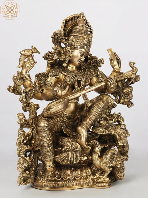 Four-Armed Superfine Saraswati Playing Veena In Brass | Handmade | Made In India
