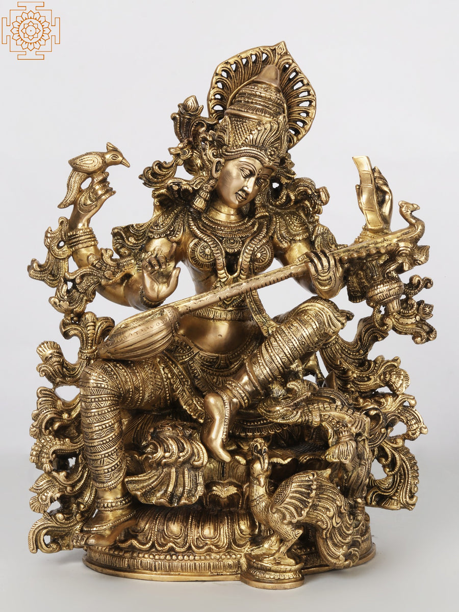 Four-Armed Saraswati Playing Veena Brass Statue Handmade
