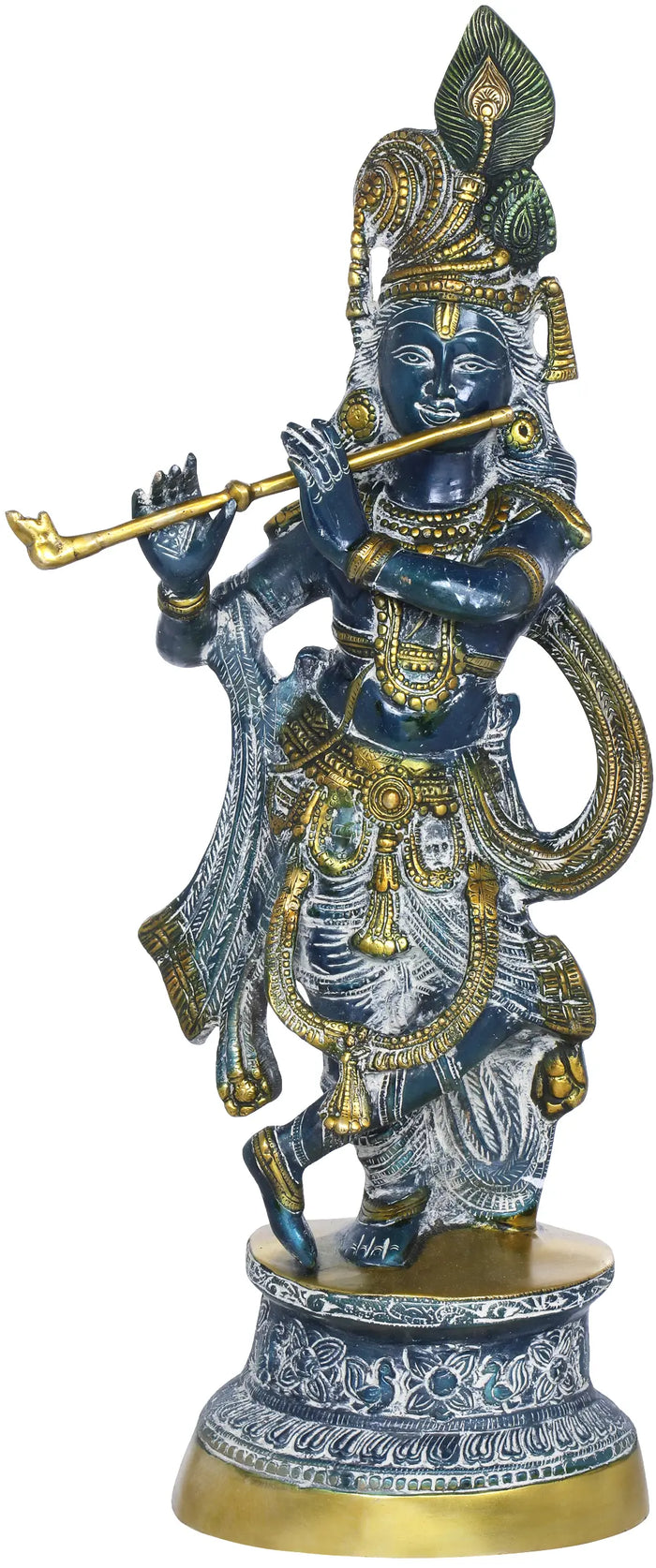 24" Handmade Lord Krishna Playing Flute Brass Statue