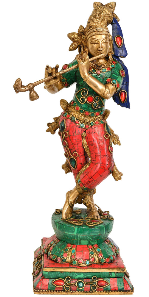 14" Handmade Lord Krishna Playing Flute Brass Statue