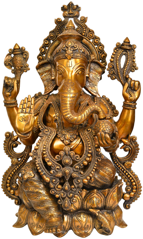 21" Lord Ganesha Seated on Lotus Brass Statue for Pooja