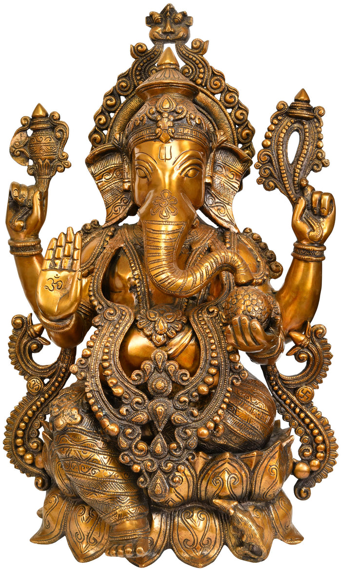 21" Lord Ganesha Seated on Lotus Brass Statue for Pooja