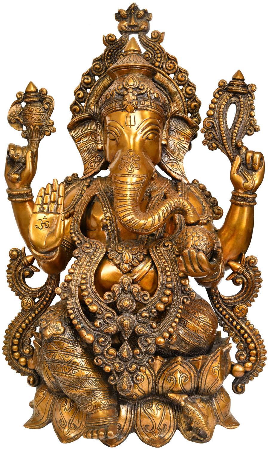 21" Lord Ganesha Seated on Lotus Brass Statue for Pooja