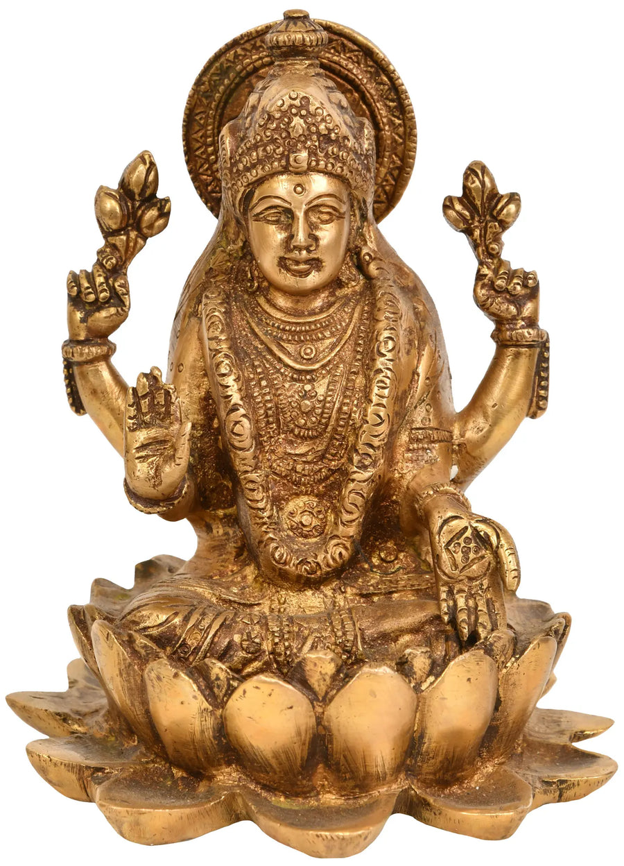 6" Handmade Goddess Lakshmi Seated on Lotus Brass Statue