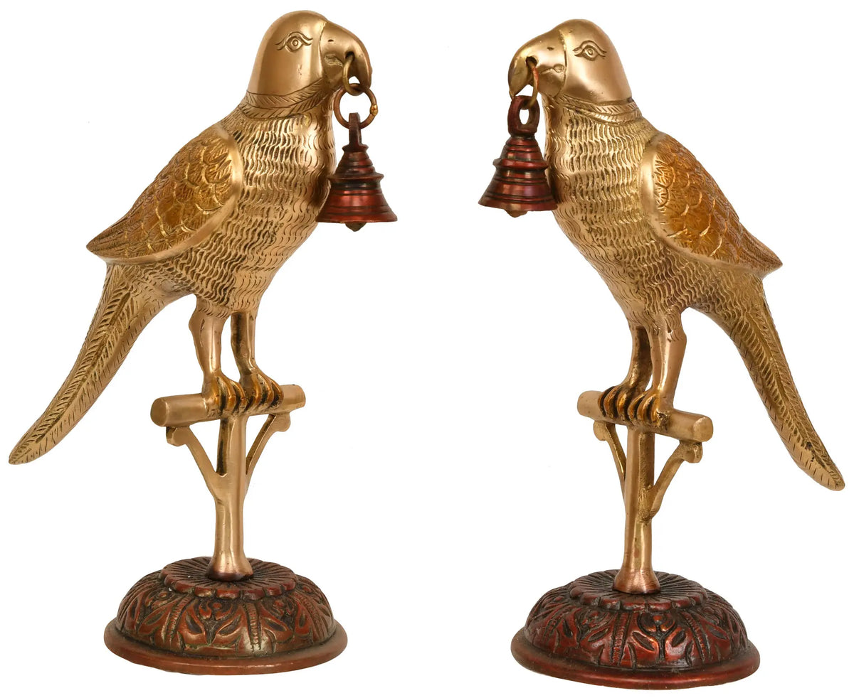 9" Pair of Parrots with Bell in Brass | Handmade | Made in India