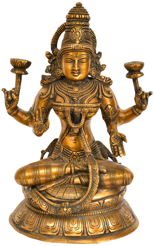 10" Handmade Goddess Lakshmi Seated on Lotus Brass Statue