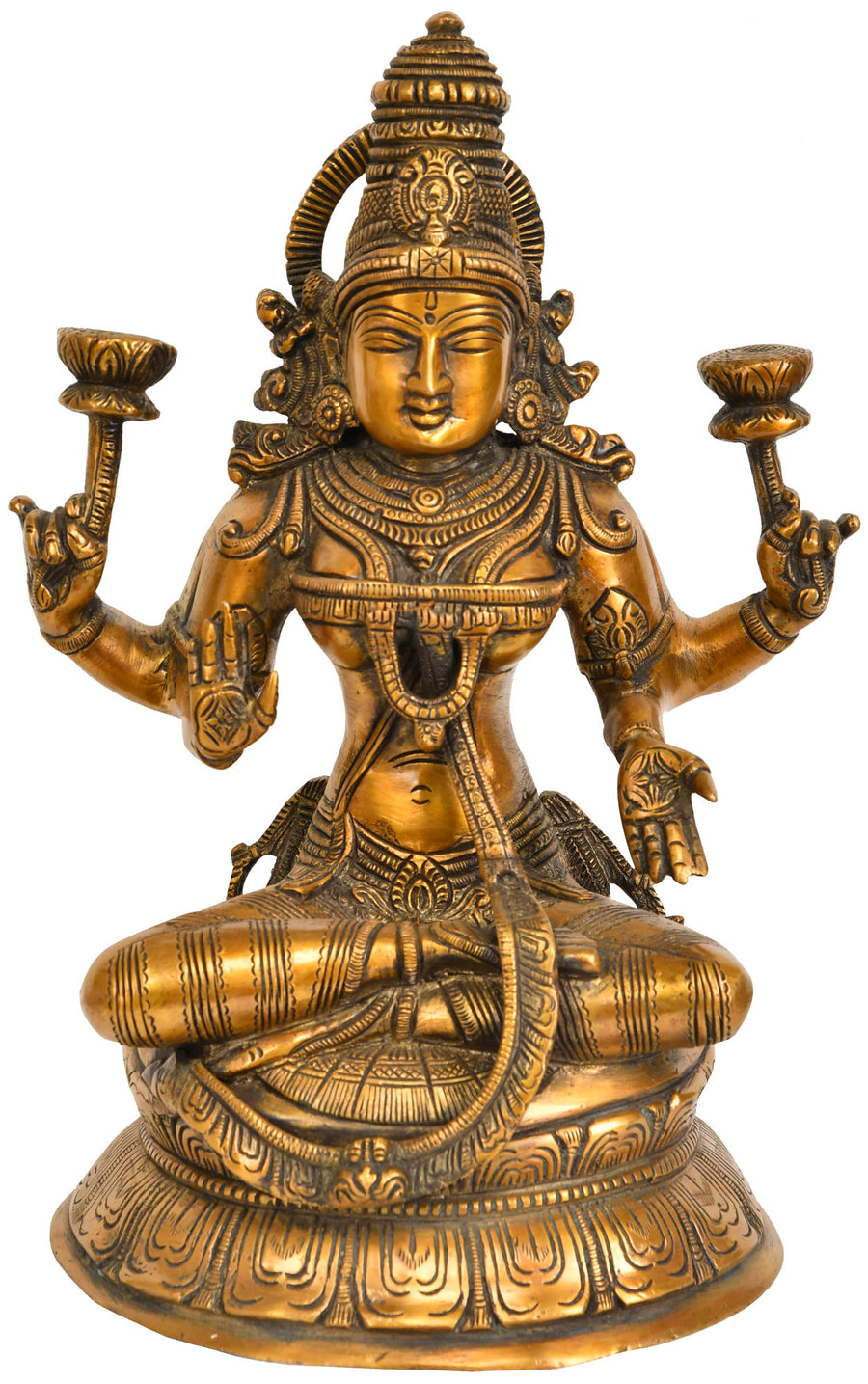 10" Handmade Goddess Lakshmi Seated on Lotus Brass Statue