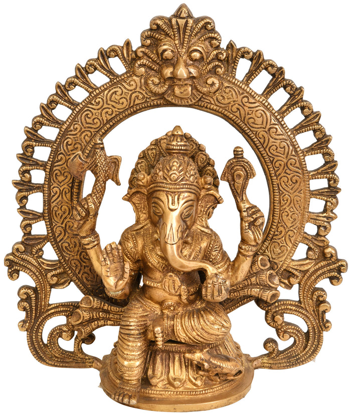8" Handmade Lord Ganesha Seated Brass Statue with Lotus Aureole