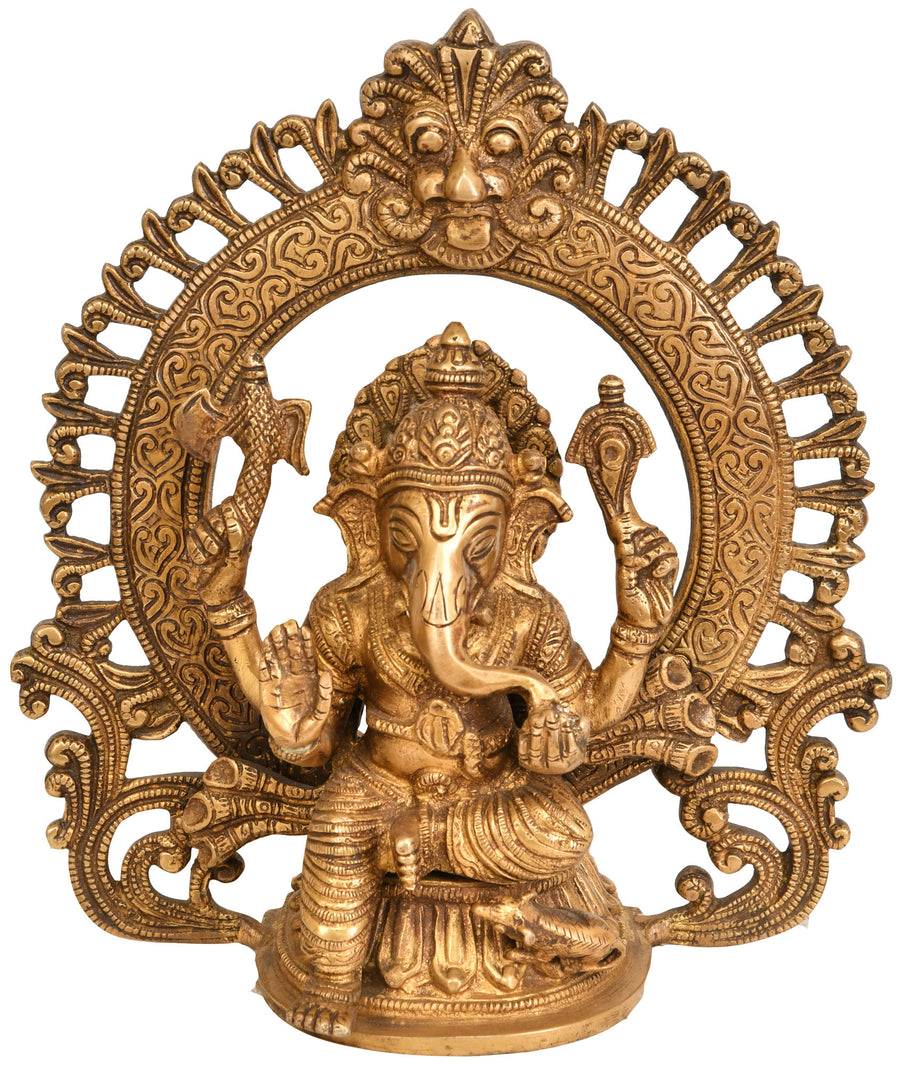 8" Handmade Lord Ganesha Seated Brass Statue with Lotus Aureole