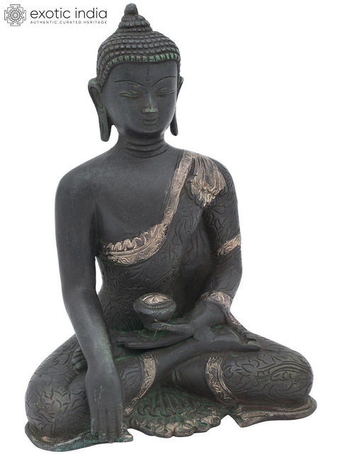 8" Bhumisparsha Buddha Adorned in a Floral Robe | Handmade Indian Brass Idol