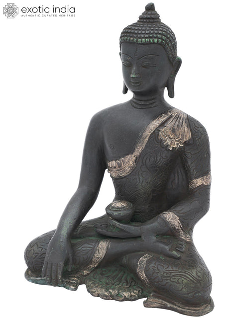 8" Bhumisparsha Buddha Adorned in a Floral Robe | Handmade Indian Brass Idol