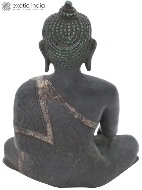 8" Bhumisparsha Buddha Adorned in a Floral Robe | Handmade Indian Brass Idol