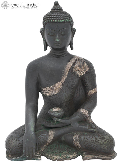 8" Bhumisparsha Buddha Adorned in a Floral Robe | Handmade Indian Brass Idol