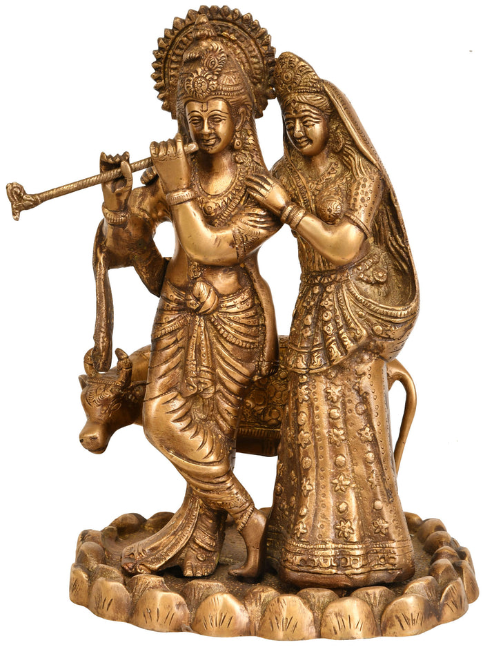 10" Radha Krishna with Cow Handmade Brass Idol for Pooja
