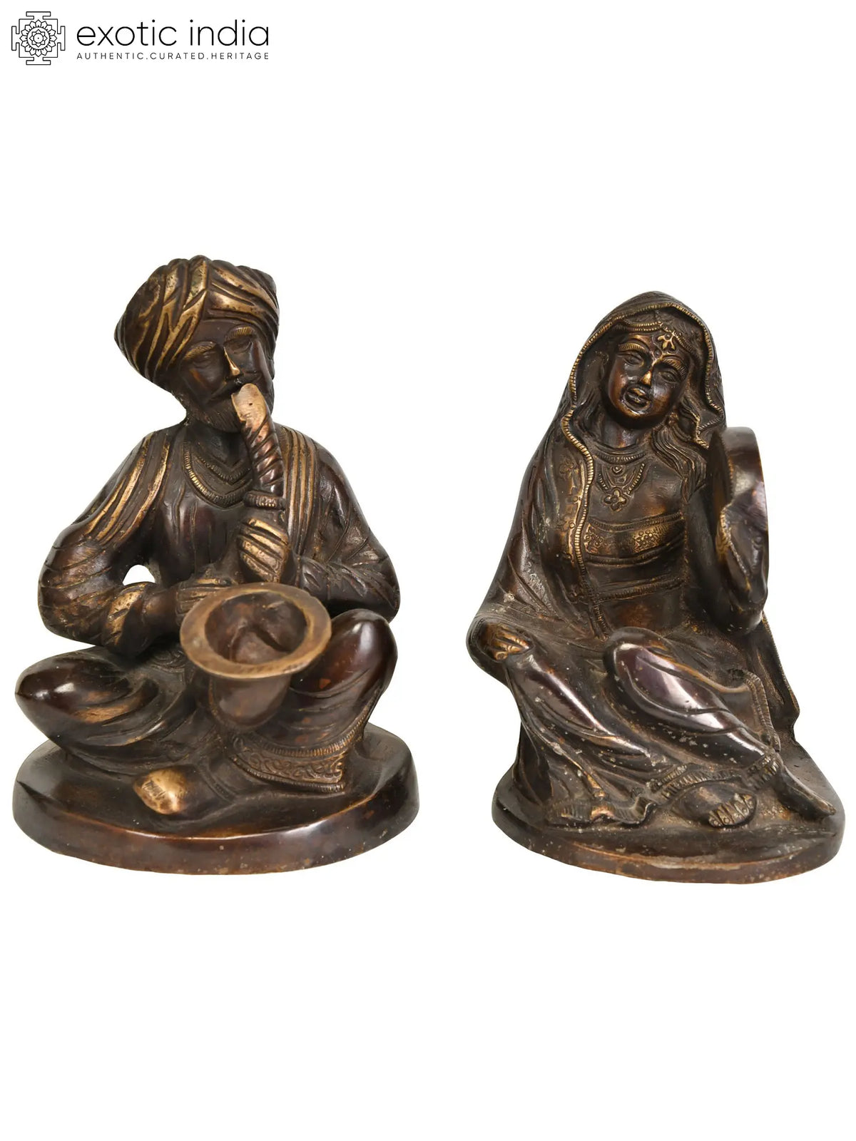 6" Father-Daughter Tribal Musician Duo | Handmade Brass Statue