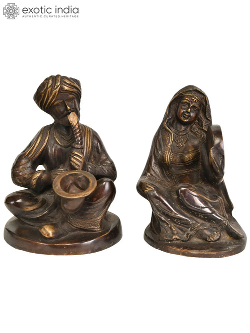 6" Handmade Brass Tribal Musician Father-Daughter Statue
