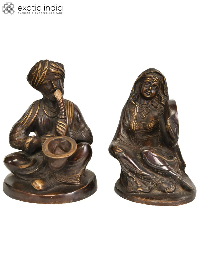 6" Father-Daughter Tribal Musician Duo | Handmade Brass Statue