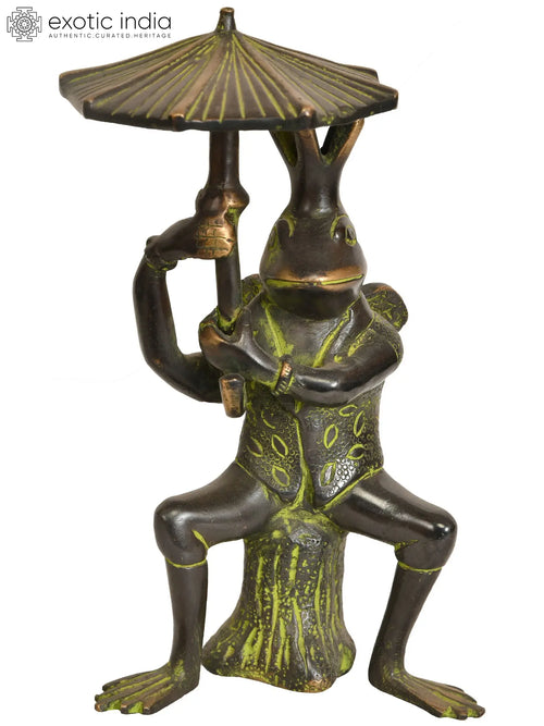 8" Brass Frog with Umbrella Statue