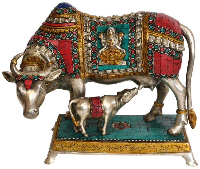 10" Brass Cow and Calf Inlay Statue with Lakshmi and Ganesha