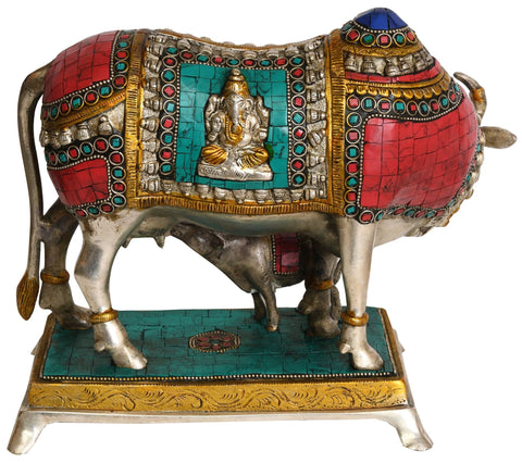 10" Inlay Cow and Calf (Over-Cloth Decorated with Lakshmi and ganesha) In Brass | Handmade | Made In India