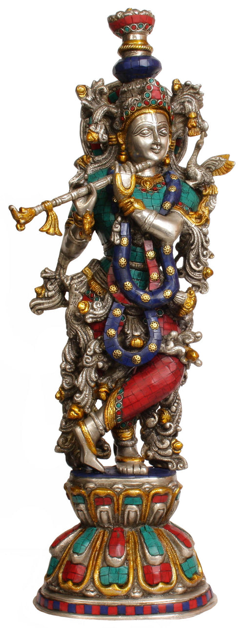 24" Handmade Brass Lord Krishna Playing Flute Statue