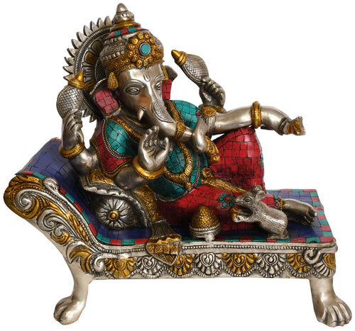 13" Handmade Lord Ganesha Brass Statue with Inlay Work