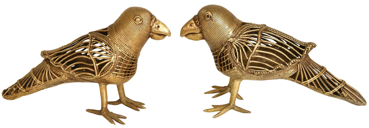 7" Pair of Tota Maina (Tribal Statue from Bastar) In Brass | Handmade | Made In India