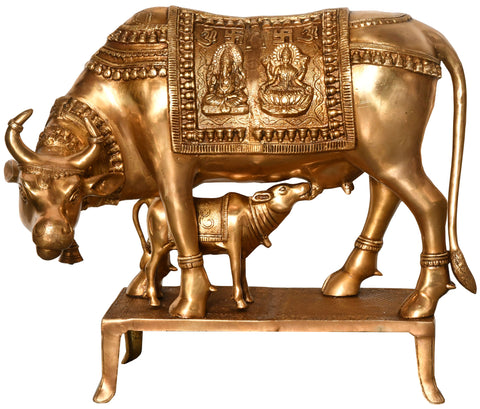 19" Cow and Calf - Saddle Decorated with Lakshmi Ganesha In Brass | Handmade | Made In India