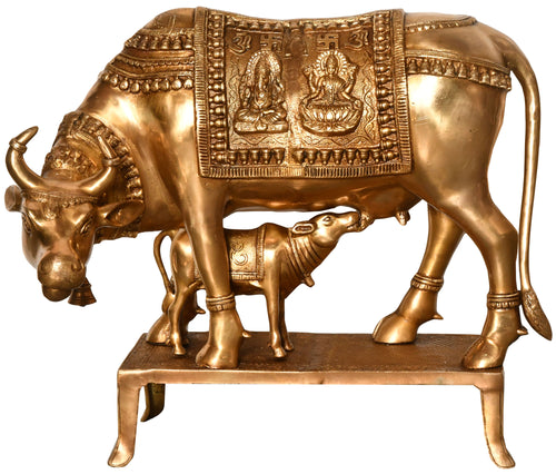 19" Cow and Calf Brass Statue with Lakshmi Ganesha Saddle Decoration