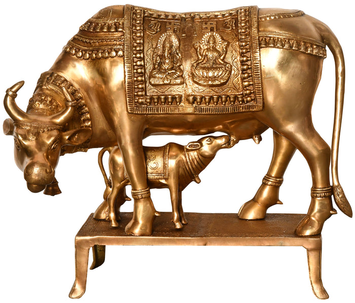 19" Cow and Calf Brass Statue with Lakshmi Ganesha Saddle Decoration