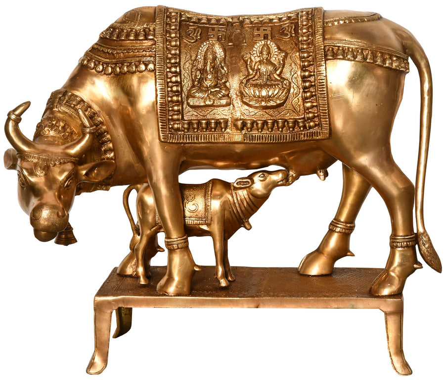 19" Cow and Calf Brass Statue with Lakshmi Ganesha Saddle Decoration