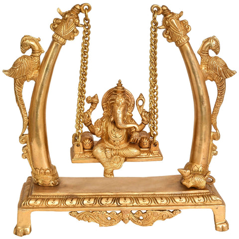 10" Lord Ganesha Idol on a Swing in Brass | Handmade Brass Statue | Made in India