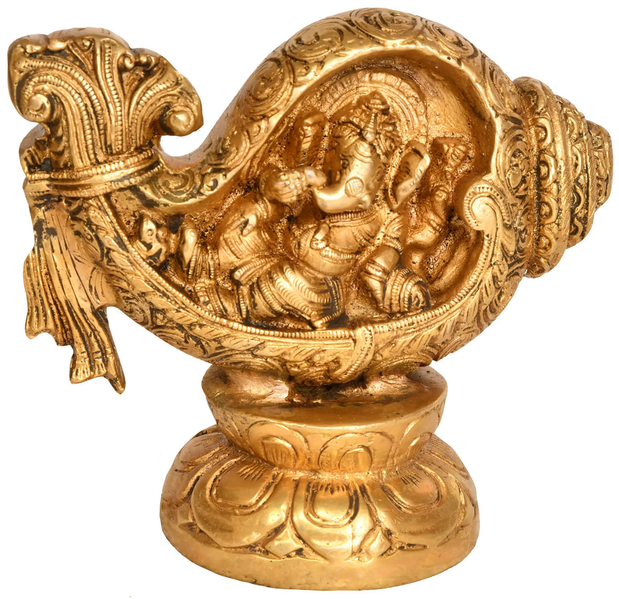 5" Lord Ganesha Relaxing in Conch Brass Idol Handmade