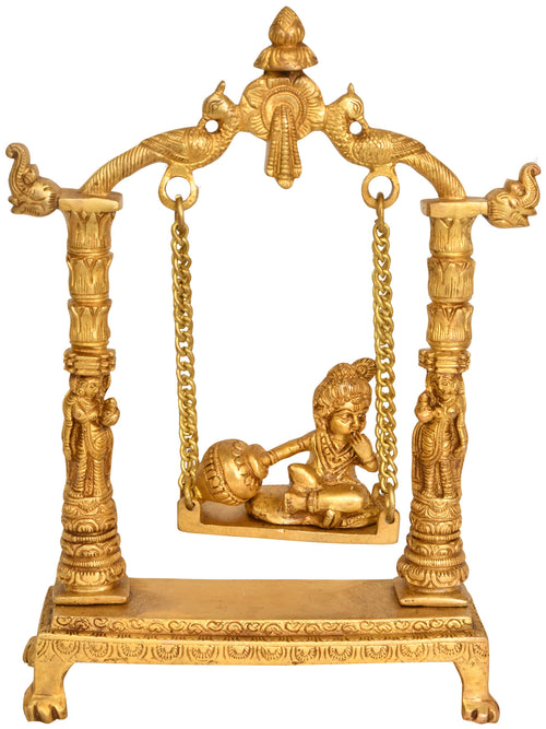 11" Handmade Brass Butter Krishna on Swing Statue