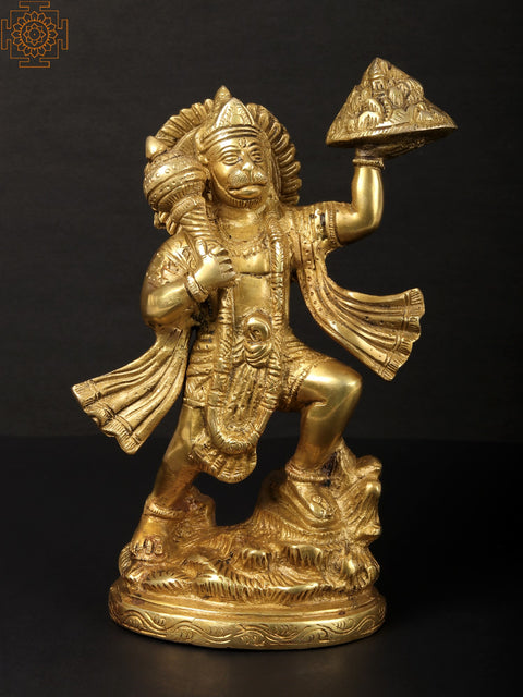 9" Lord Hanuman Carrying Mountain of Sanjeevani Herbs | Handmade Brass Statue | Made in India