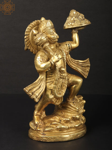 9" Lord Hanuman Carrying Mountain of Sanjeevani Herbs | Handmade Brass Statue | Made in India