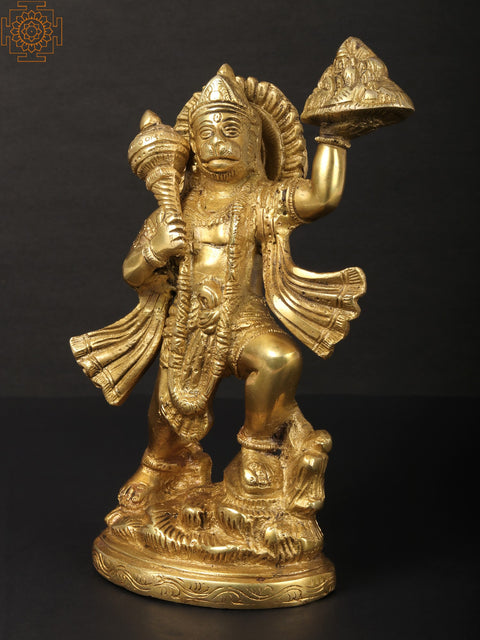 9" Lord Hanuman Carrying Mountain of Sanjeevani Herbs | Handmade Brass Statue | Made in India