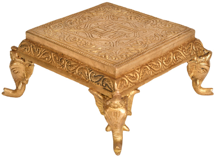 Brass Puja Chowki with Elephant Head Support Statue