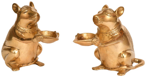 8" Ganesha's Rat Diya Pair In Brass | Handmade | Made In India