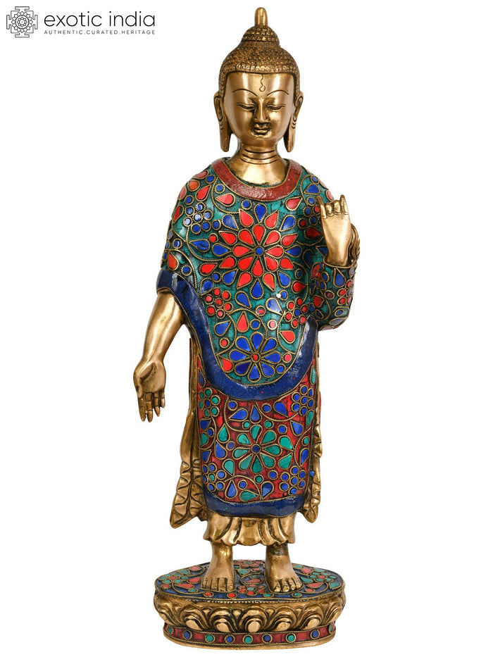 15" Standing Buddha Varada Mudra Brass Statue Handmade