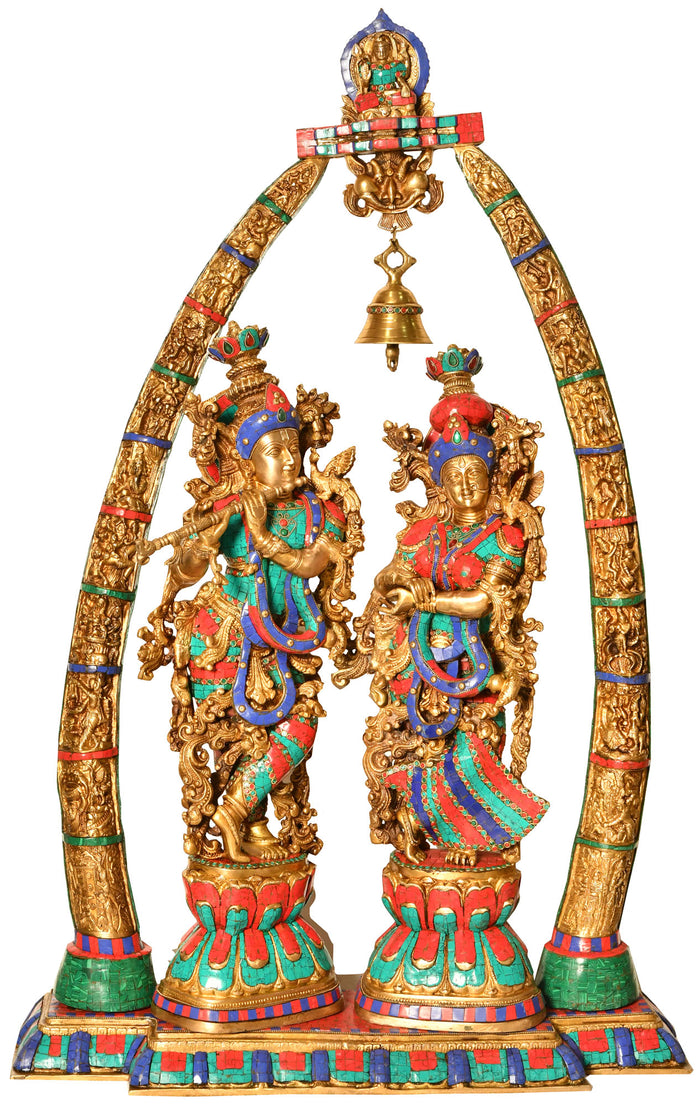 45" Large Size Radha Krishna with Arch Showing Krishna Leela In Brass | Handmade | Made In India