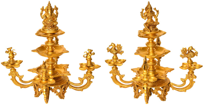 16" Ganesha Lakshmi Brass Wick Lamps Handmade Set of Two