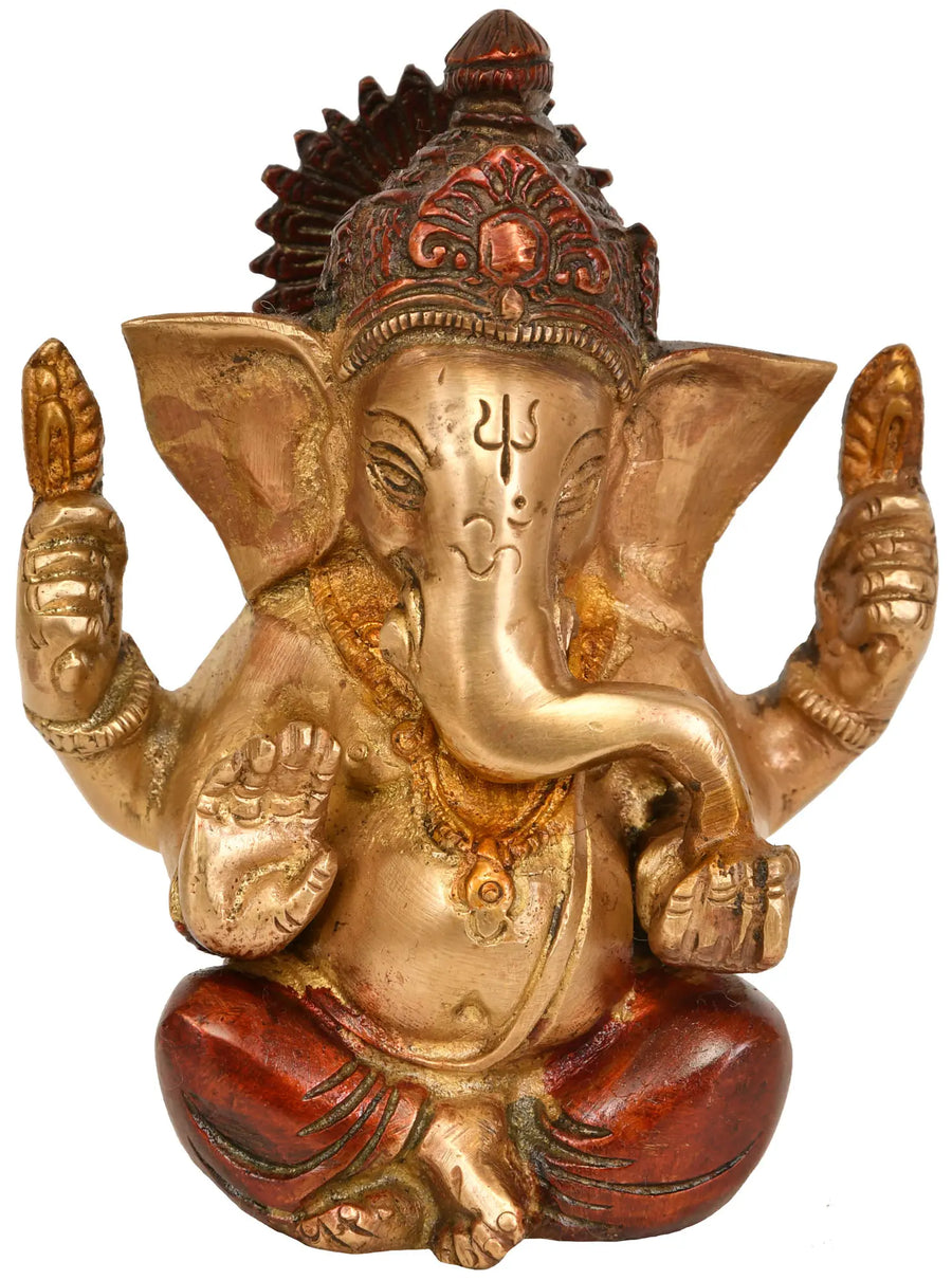 4" Seated Ganesha Brass Idol Handmade