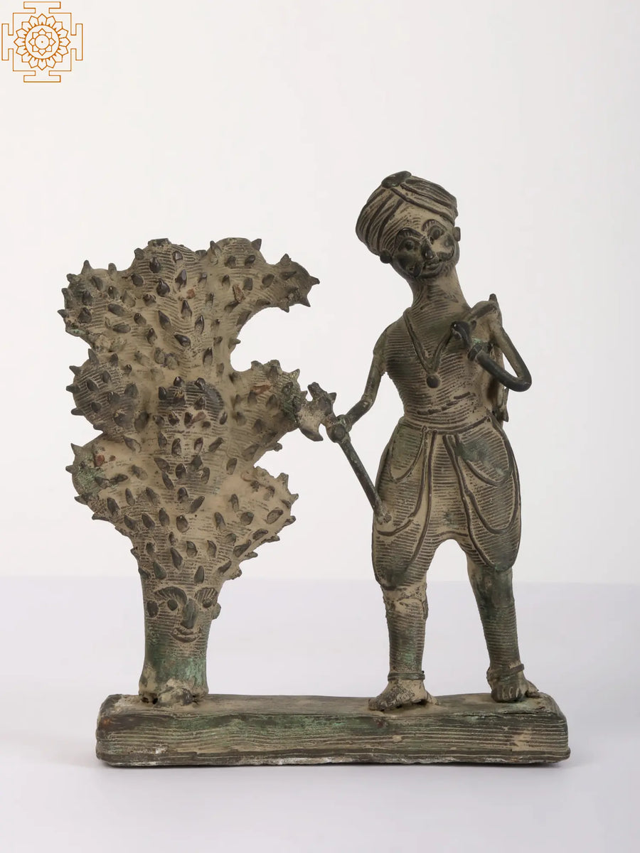 Tribal Man Cutting Cactus Tree Brass Statue Handmade
